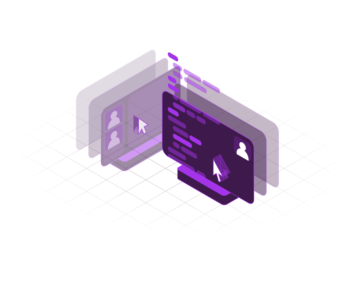 Isometric illustration of collaborative interfaces with user profiles and cursors