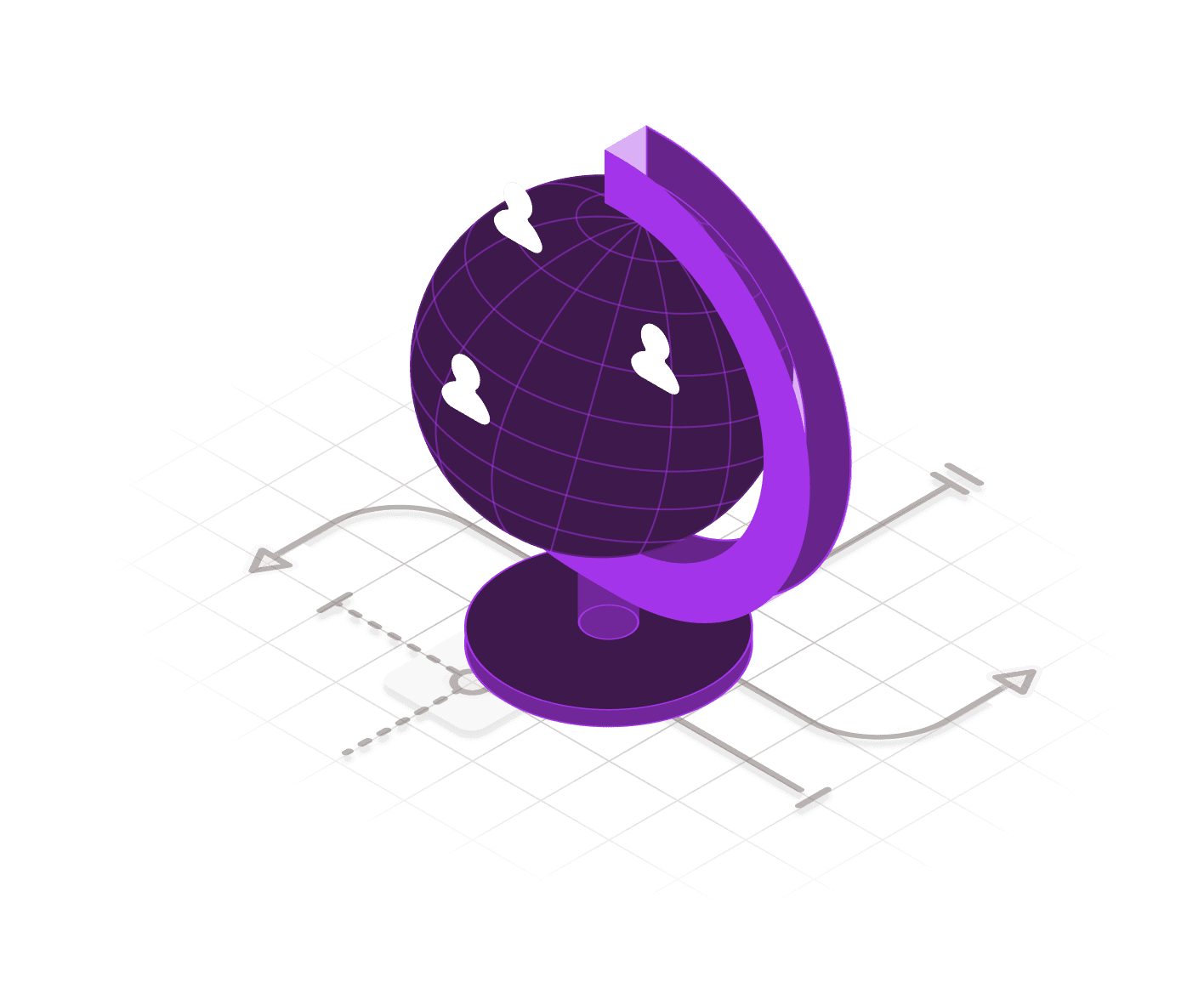 Isometric illustration of a globe with collaboration icons representing global teamwork