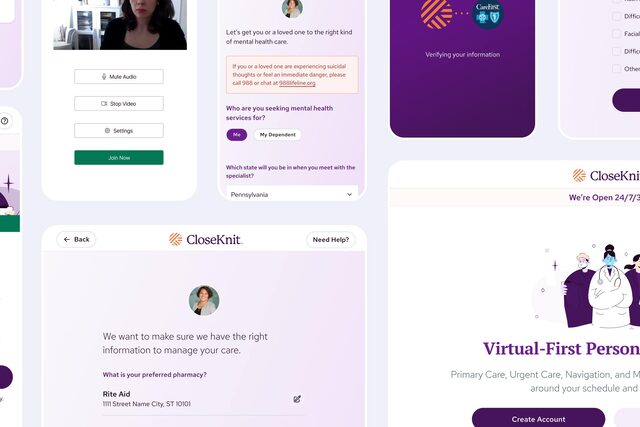 Screenshots of the CloseKnit app showing a video visit, a mental health intake question, and a virtual-first care landing screen