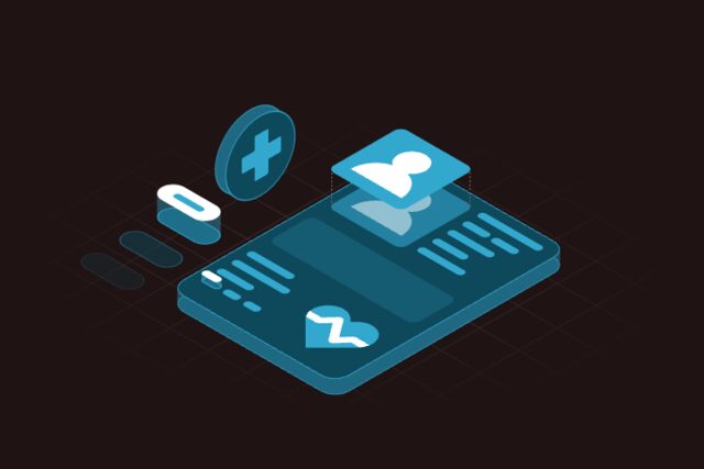 Isometric illustration of a smartphone displaying a medical app with a heartbeat icon and cross badge