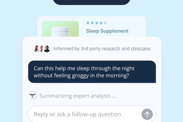 AI chat interface showing a product recommendation card and a conversation about sleep supplements