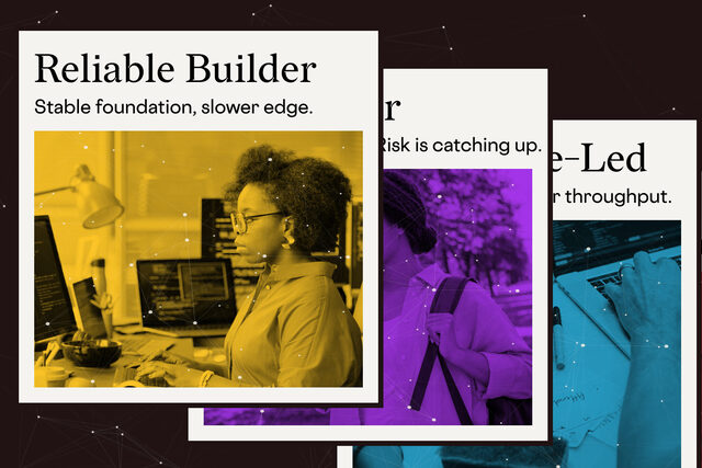 Preview of the assessment's persona result cards, including a "Reliable Builder" card, over a dark constellation background