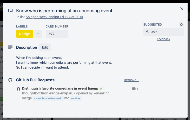 A Trello card with a JTBD and an attached PR